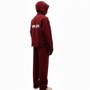 Unisex <b>Red</b> Hooded Nylon <b>Windbreaker</b> Tracksuit Full Zip Front Logo Print Regular Fit Streetwear Two Piece Set Winter Casual Solid - Product Image 3