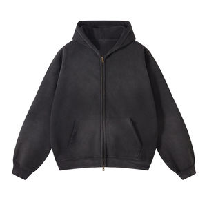 Custom Boxy Oversized Blank Solid Sun Faded Acid Washed Vintage Recortada Zip Up Hoodie Hombres - Product Image 4