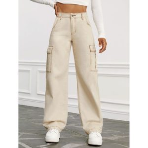 Jean cargo en denim OSCA beige, style moderne tendance, thème rétro, respirant, écologique, multi-poches (6), taille haute, coupe ample, 100% denim - Product Image 6