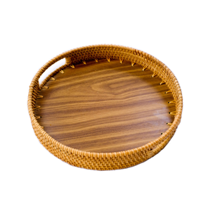Bandejas para servir de ratán natural hechas a mano vietnamitas con base de madera vajilla de restaurante de forma redonda al por mayor - Product Image 3