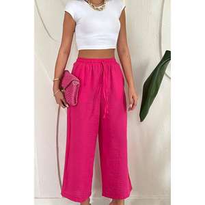 Pantalones Anchos de Lino Fucsia de Cintura Alta al por Mayor con Característica Transpirable - Product Image 2