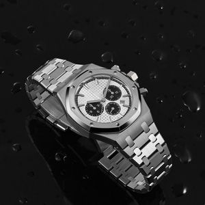 Vente en gros Montre chronographe de luxe Bracelet en acier inoxydable Boîtier en argent Sous-cadran noir Montre-bracelet à quartz mode étanche OEM - Product Image 3