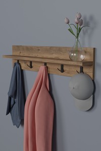 Porte-manteau mural en bois avec crochets et étagère 100x60cm, design minimaliste pour entrée, quincaillerie en fer durable - Product Image 5