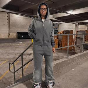 <b>Men's</b> Custom Oversized Full Zip up Hoodie <b>Pants</b> Set Wholesale Acid Washed Tracksuits with Rhinestone Winter <b>Crop</b> Hoodie for <b>Men</b> - Product Image 3