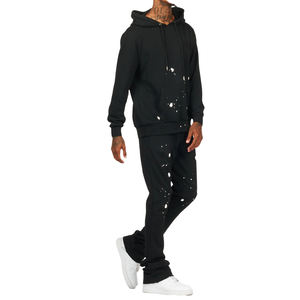 Sweat à capuche noir et pantalons de survêtement hommes survêtement ensemble décontracté Streetwear peinture éclaboussures imprimé deux pièces tenue confortable tous les jours - Product Image 2