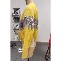 Suéter de Punto con Estampado Geométrico Vintage Amarillo Delgado para Mujer, Cuello Redondo, Manga Larga, Invierno, Casual, Moderno, para Exteriores