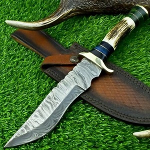 Cuchillo Bowie de acero de Damasco hecho a mano con funda de mango de cuerno, soporte OEM personalizado para caza, supervivencia, Camping, cuchillos al aire libre - Product Image 3
