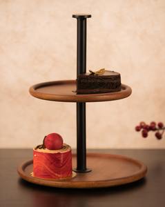 Modern 2 <b>Tier</b> Wooden <b>Cake</b> <b>Stand</b> With Matte Black Center Pole Round Wood Dessert <b>Stand</b> Minimalist Tiered <b>Cake</b> Pedestal Decor - Product Image 1