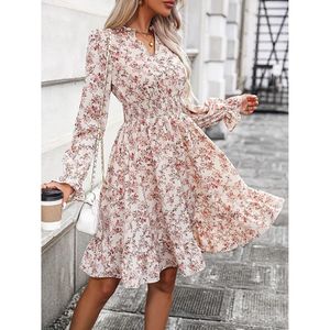 Abito Floreale a Maniche Lunghe con Scollo Incrociato, Orlo Arricciato, Vita Elasticizzata, Cerniera, Drappeggiato, Traspirante, Elegante, di Tendenza, per il Tempo Libero e le Vacanze, Taglia XL - Product Image 3