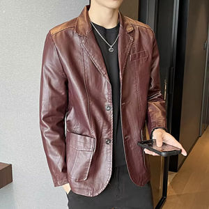 Chaqueta de Cuero para Hombre, Color Caqui, Cierre de Cremallera, Cuello Camisero, Diseño de Parches en Negro y Borgoña, Corte Ajustado Asiático, Tallas M-5XL, Impermeable y Reversible - Product Image 2