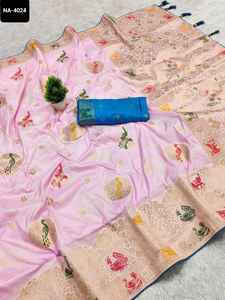 ชุดแต่งงานแบบชาวอินเดียชุดส่าหรีผ้าไหมแท้ลายดอกวิสโกเซ่ทอ zari ผ้าไหมนุ่มสีตัดกันเสื้อเบลาส์มีขอบแขน - Product Image 3