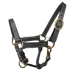 Licou de cheval en cuir anglais noir ou marron avec coutures contrastées et boucle et anneaux à double couronne réglables robustes - Product Image 2