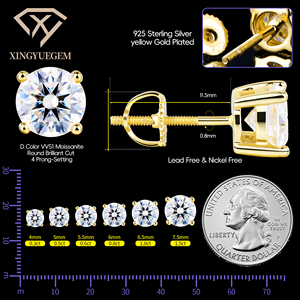 High Quality Classic Vvs Moissanite Pass Diamond Test Certified Women 925 Sterling <b>Silver</b> Gold Plated Screw Back <b>Stud</b> Earrings - Product Image 4
