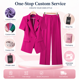 Elegante Completo Donna con Blazer a Maniche Corte e Pantaloni a Gamba Larga, Set Professionale da Ufficio Estivo - Product Image 5