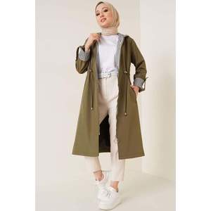 Khaki Trench Coat with Hood Cotton-Filled Knitted Fabric Winter and Autumn Simple Style Print Lace Button Decorations - Product Image 4