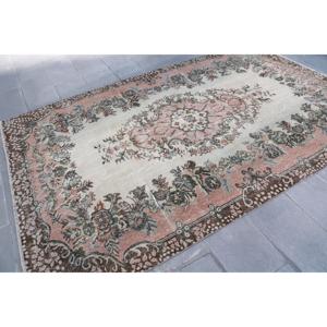Vintage Rug 5.8x9.3 ft, <b>Brown</b> Pink Floral <b>Wool</b> Turkish Rug - Product Image 4