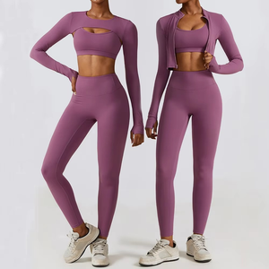 Traje deportivo de gimnasio para mujer, ropa de Yoga de 2/3 piezas con Top de manga larga y mallas de cintura alta, chándal de entrenamiento con patrón sólido - Product Image 6