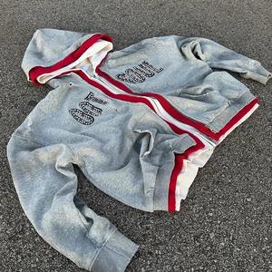 เสื้อฮู้ดผู้ชายซิปรูดรูดซิปได้3ซิปสไตล์วินเทจสไตล์บ็อกซี่ใส่ได้3ชั้นประดับพลอยเทียม - Product Image 3