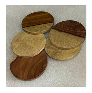 Round Shape Antique Polished Design Acacia Wood Table <b>Coaster</b> <b>Set</b> <b>with</b> <b>Holder</b> Wholesale Exporter Worldwide - Product Image 1
