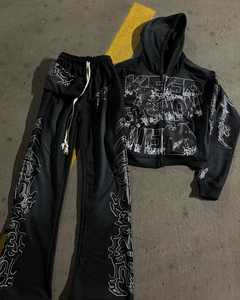 Ensemble de jogging à capuche vintage délavé à l'acide pour hommes survêtements d'hiver grande taille Zip Flare DTG imprimé strass pantalons de survêtement respirants - Product Image 1