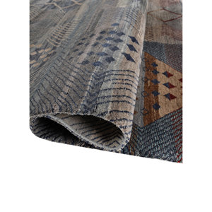 Alfombra de Seda Anudada a Mano Manchaha LUV-623 Azul con Patrón Geométrico Tabriz para el Hogar, Entrada, Sala de Estar, Pasillo, Rectangular, Hecha a Mano - Product Image 2