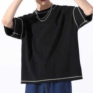 100% algodón contraste puntadas gota hombro camisetas de gran tamaño para hombres boxy fit longitud corta camisas de calidad premium para hombres impresas - Product Image 1