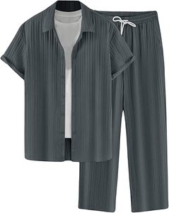 Ensemble 2 pièces pour homme, chemise à manches courtes à boutons, pantalon ample, tenue de plage estivale - Product Image 1