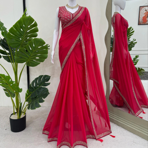 Magnifique sari en faux georgette avec broderie et latkan fantaisie, blouse non cousue incluse, travail de fil de créateur - Product Image 1