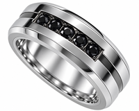 Bague de mariage pour homme en tungstène argenté 8 mm, finition PVD blanche polie, bord biseauté, saphir noir en canal, logo personnalisé