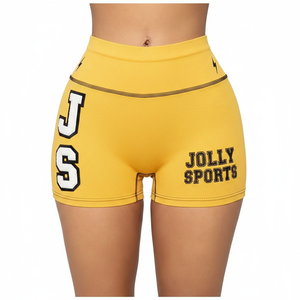 Shorts deportivos para mujer, 240 GSM, tela premium de poliéster y spandex, color amarillo, corte atlético, logotipo bordado. - Product Image 6