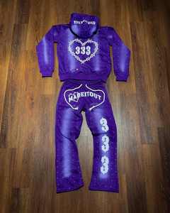 Conjunto de Sudadera con Capucha y Pantalones Deportivos de Hombre, Estilo Vintage Lavado, Bordado, Decolorado por el Sol, con Cremallera Completa - Product Image 3