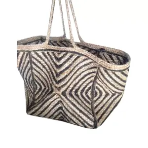 Yeni varış el yapımı jüt çuval bezi çanta özel Logo doğal jüt örgülü sepet alışveriş çantası tedarikçisi