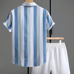 Conjunto de ropa de playa de verano para hombre con estilo, camisa de manga corta a rayas transpirable de secado rápido, pantalones cortos, logotipo de colores personalizable, águila azul - Product Image 2
