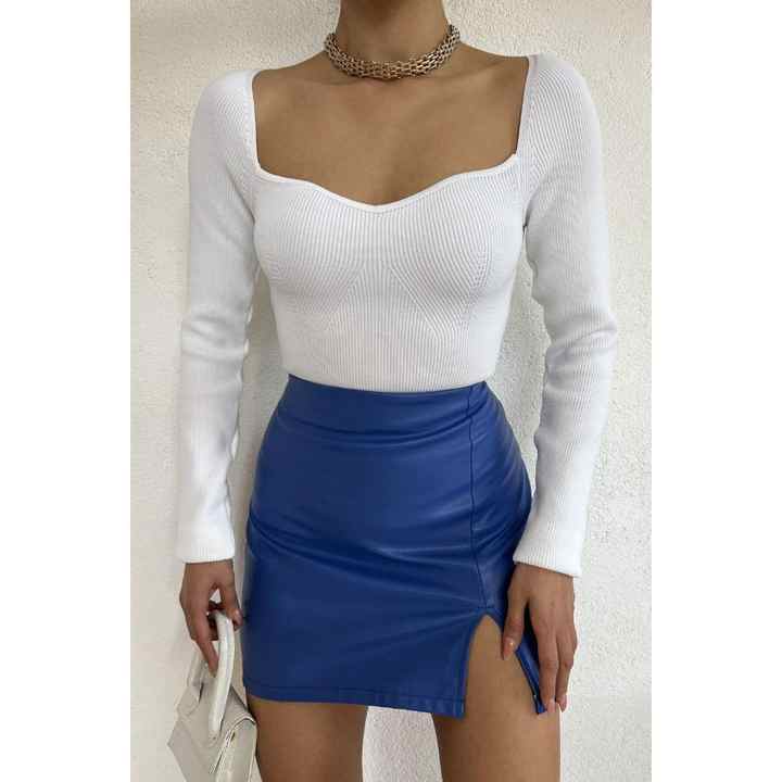 Women's White Sweetheart Neck Knitwear Blouse