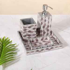 Ensemble d'accessoires de coiffeuse de salle de bain en céramique marbrée de pierre de travertin naturel d'Inde - Product Image 1