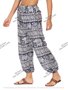 กางเกงของผู้หญิงแนวโบฮีเมียนผ้าเรยอนใส่สบายทรงหลวมเลกกิ้งทรงตรงสไตล์ฮาเร็มตกแต่งด้วยยางยืดสำหรับฤดูร้อนฟรีไซส์ - Product Image 3