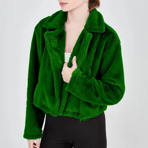 Kain bulu empuk ritsleting hijau mantel standar mewah terbuat dari kain bulu hijau dengan Detail saku ritsleting