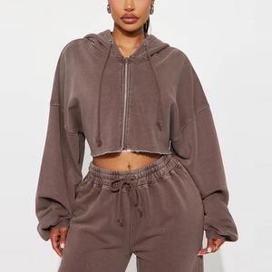 Custom Solid Winter Casual Zipper <b>Applique</b> Hooded Jackets Women Thick Zip Fleece Cotton Patch Embroidery Cropped Top Hoodie Plus - Product Image 3