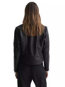 Veste en cuir véritable pour dames Veste décontractée à fermeture éclair noire matelassée sans col Veste personnalisée respirante MS-LJ-0076 - Product Image 4