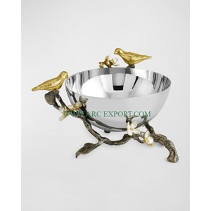 Bols de service de luxe en acier inoxydable poli miroir et brillant pour aliments et fruits avec poignées en laiton et plateau Bols de qualité supérieure pour aliments - Product Image 3