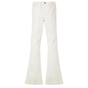 High Rise Flare Jeans, White Stretch Denim, Slim Fit Bootcut, Front Patch Pockets, Trendy Women's Jeans, Vintage Look - Product Image 1