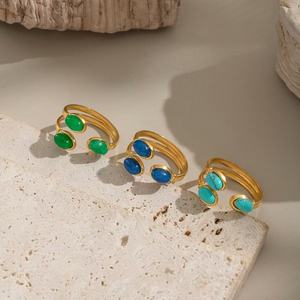 Cổ Điển Hollow Hai Lớp Mở C Hình Dạng Vòng 18K Mạ Vàng Thép Không Gỉ Ba Hình Bầu Dục Đá Tự Nhiên INlay Ngón Tay Vòng - Product Image 1