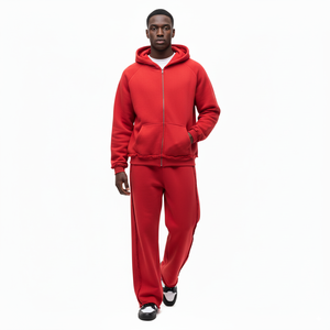 Conjunto de chándal de algodón 100% grueso para hombre, rojo, con sudadera con capucha de forro polar y cremallera, y pantalones de chándal de pierna ancha, estilo urbano, fabricante. - Product Image 1