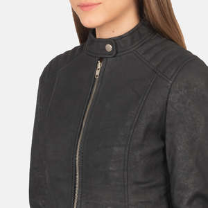 Chaqueta de cuero negra desgastada con cuello alto estilo motero para otoño - Product Image 6