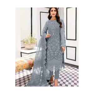 Robe Salwar Kameez trois pièces de style pakistanais et indien avec broderie lourde en soie pour les fêtes et les occasions - Product Image 2