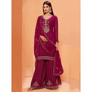 Ensemble Sharara en Georgette Magenta Séduisant avec Broderies de Paillettes – Tenue de Fête pour Femme - Product Image 2