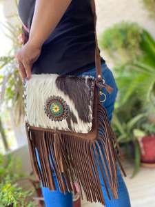 Sac à bandoulière en cuir de daim à franges en fourrure de style occidental, sac à main en cuir bohème de haute qualité pour femmes avec pierre turquoise - Product Image 2