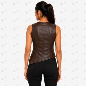 Tiierwear Women's <b>Brown</b> PU Leather Asymmetric <b>Vest</b> With Button Closure Front Logo Outer Wear - Product Image 3