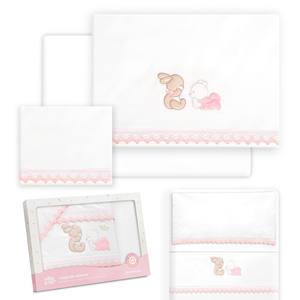 Juego de 3 Sábanas para Cuna de Bebé, 100% Algodón, Estilo Clásico, Técnica de Tejido, Diseño con Personajes, Modelo Oso Conejito - Product Image 1