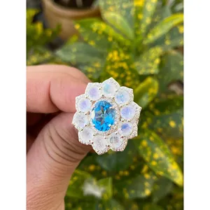 925 Silver Blue Topaz & <b>Moonstone</b> Cocktail <b>Ring</b> Rhodium Plated Marquise Geometric Design Elegant Gemstone Jewelry for Parties - Product Image 3
